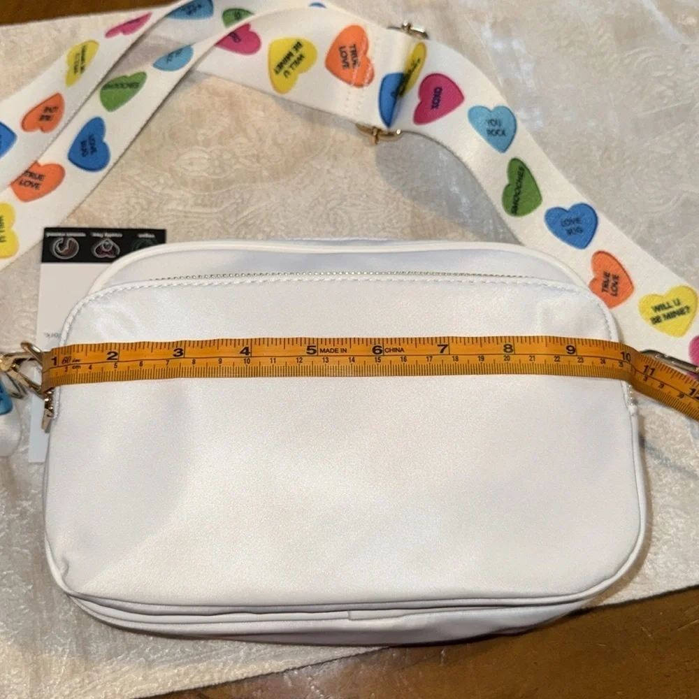 ah-DORNED New York White Small Crossbody Bag Zip Multicolor Heart Strap.